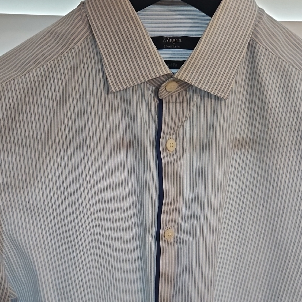 Z Zegna Men's Pinstripe Shirt - White and Blue Dress Shirt
